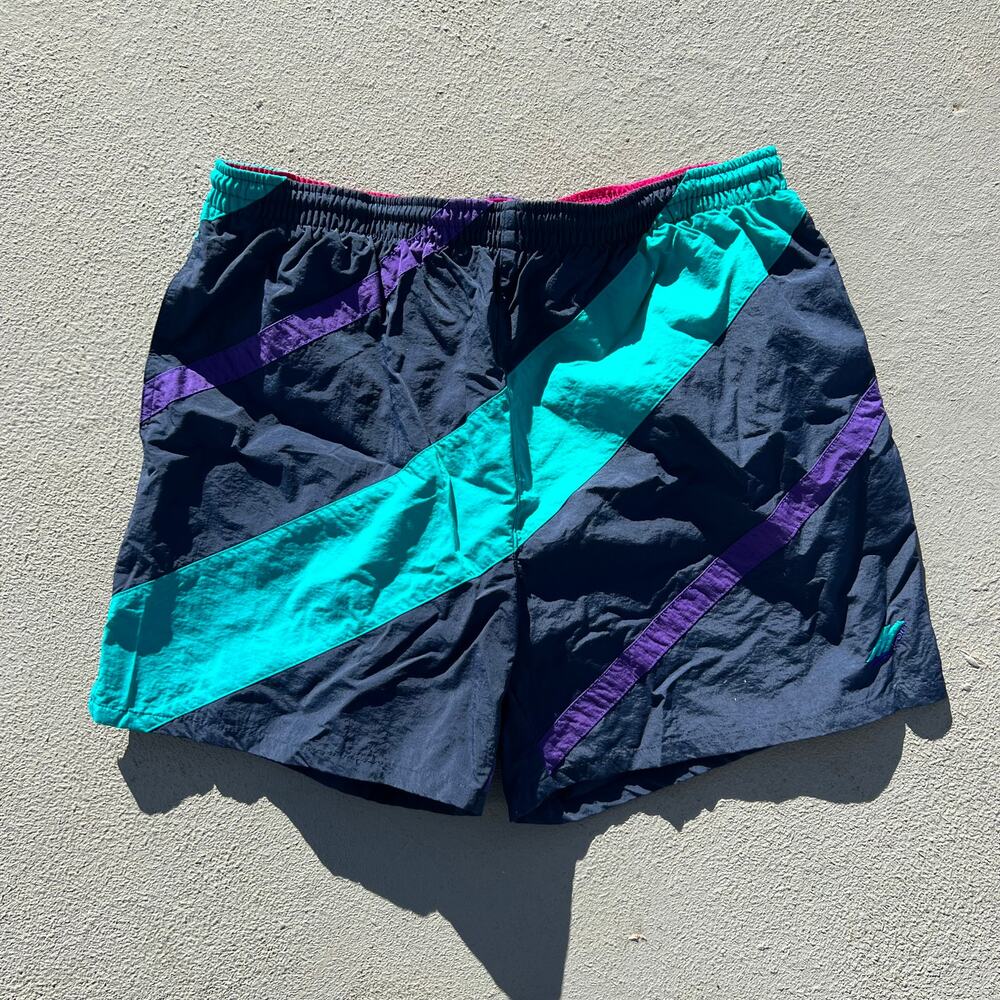 Vintage M sport blue diagonal stripe color block nylon swim trunks